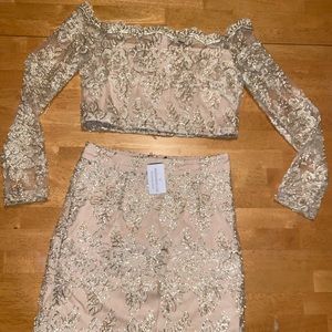 Gold formal dress long sleeve cropped 2 piece